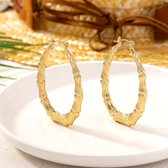 14K Gold Womens Large Oval Bamboo Hoop Earrings 14 Karat Silver Hoops Jewelry - Picture 4 of 6